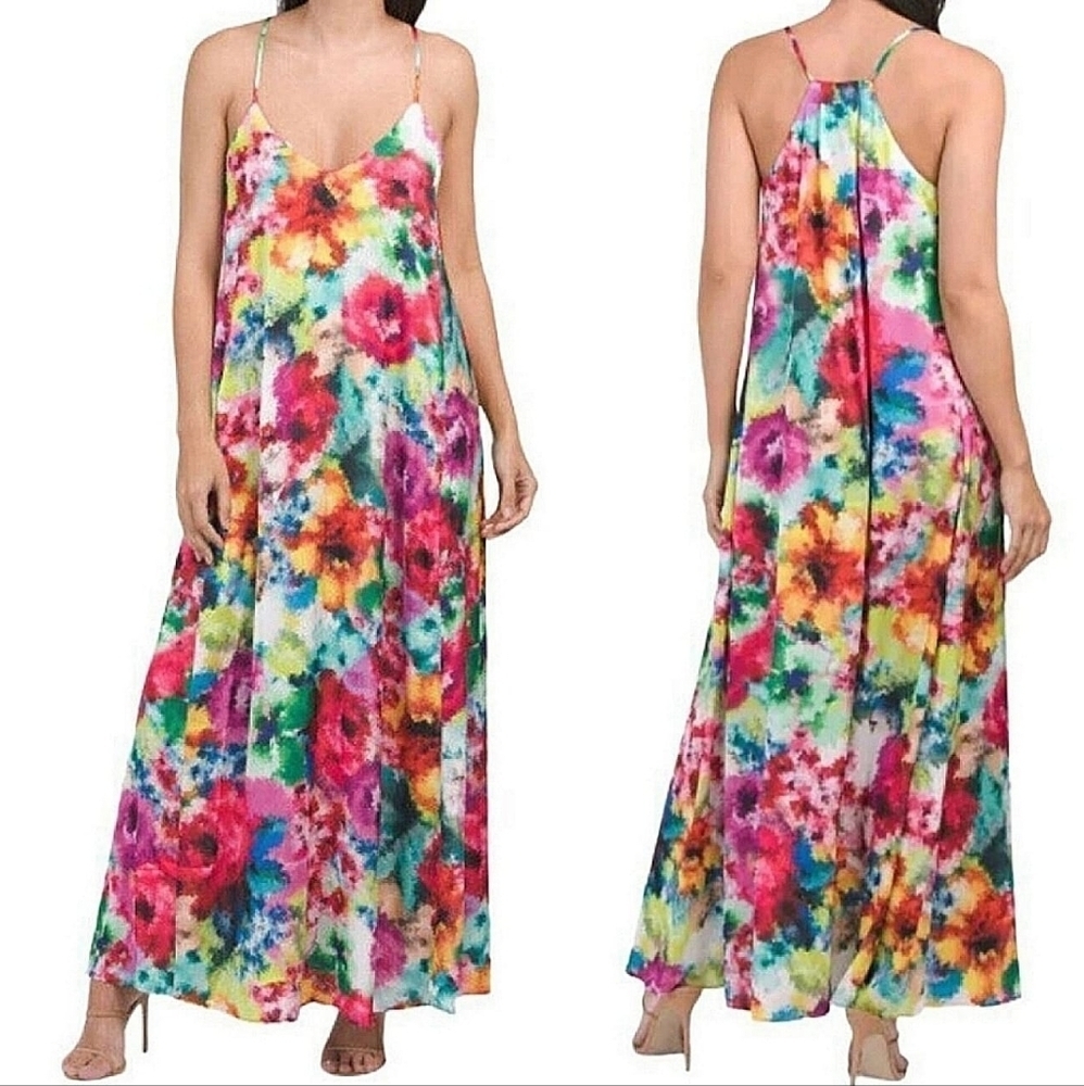 Nicole Miller NY Woman's Maxi Dress L Colorful Watercolor Floral Boho Summer
